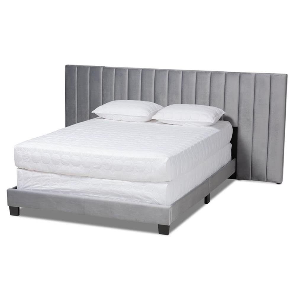 Baxton Studio Fiorenza King Size Gray Velvet Panel Bed with Tufted Headboard